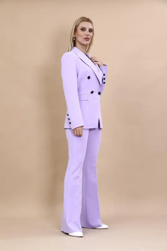 Erkek Yaka Kuruvaze Blazer Ceket & İspanyol Paça Pantolon-Menekşe-Menekşe - 3