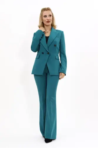 Erkek Yaka Tek Düğmeli Klasik Ceket & İspanyol Paça Pantolon-Petrol-Petrol 