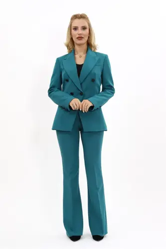 Erkek Yaka Tek Düğmeli Klasik Ceket & İspanyol Paça Pantolon-Petrol-Petrol - 5