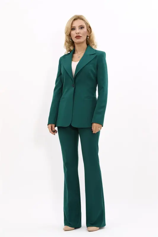 Erkek Yaka Tek Düğmeli Klasik Ceket & İspanyol Paça Pantolon-Yeşil-Yeşil - 4