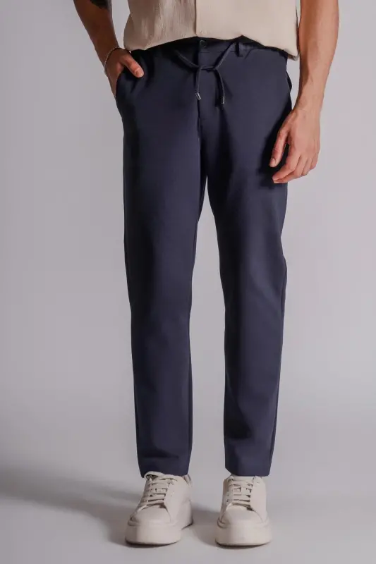 Erkek Yandan Cepli Beli Lastikli Relaxed Fit Chino Pantolon Lacivert - LACİVERT - 3