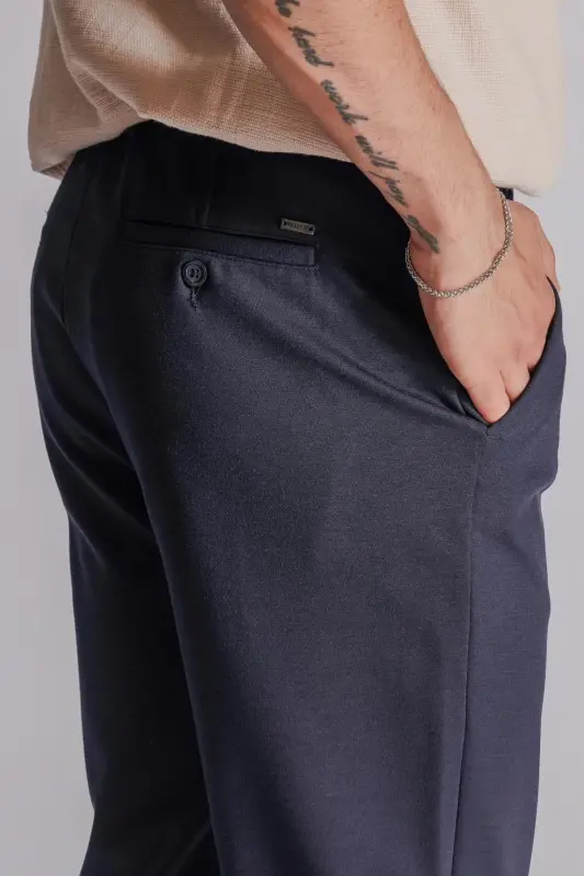 Erkek Yandan Cepli Beli Lastikli Relaxed Fit Chino Pantolon Lacivert - LACİVERT - 7
