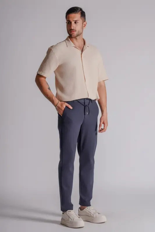 Erkek Yandan Cepli Beli Lastikli Relaxed Fit Chino Pantolon Lacivert-LACİVERT - 2