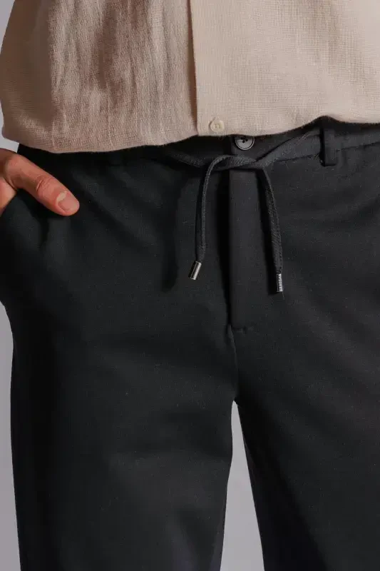 Erkek Yandan Cepli Beli Lastikli Relaxed Fit Chino Pantolon Siyah-SİYAH - 6