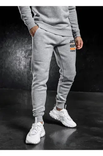 Erkek Kışlık Eşofman Altı Dar Paça Jogger Gri Şardonlu Pamuklu Kumaş-Kışlık Gri - 3