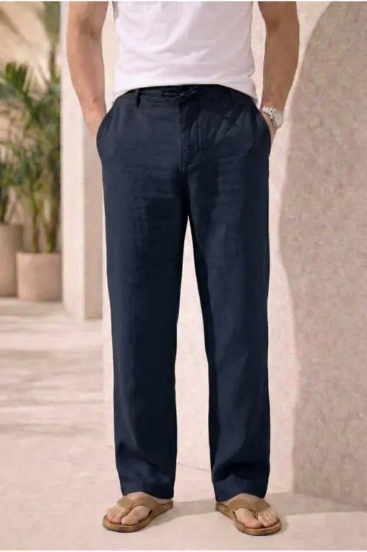 Erkek Yazlık Lacivert Renk Pamuklu Keten Görünümlü Relaxed Pantolon - Lacivert - THESEASON