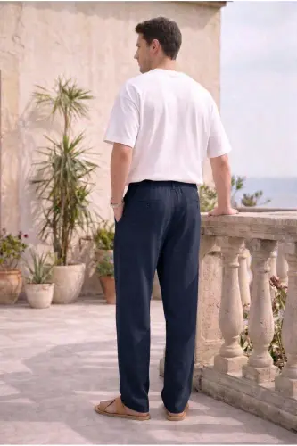 Erkek Yazlık Lacivert Renk Pamuklu Keten Görünümlü Relaxed Pantolon - Lacivert - 3