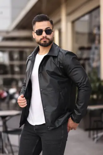 Erkek Yeni Sezon Siyah Deri Ceket Mont - SİYAH - 1