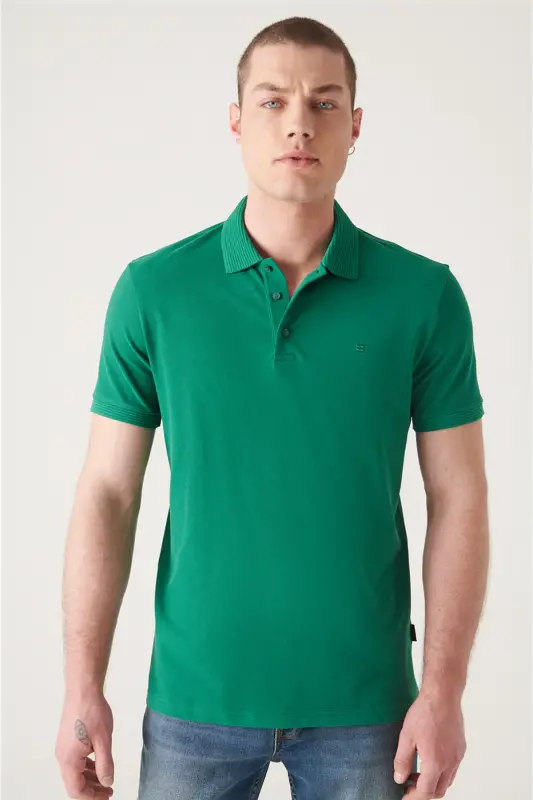 Erkek Yeşil 3 Düğmeli %100 Mısır Pamuğu Polo Yaka Regular Fit T-Shirt B001027-Yeşil - 1
