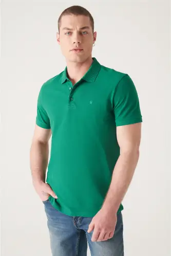 Erkek Yeşil 3 Düğmeli %100 Mısır Pamuğu Polo Yaka Regular Fit T-Shirt B001027-Yeşil - 3