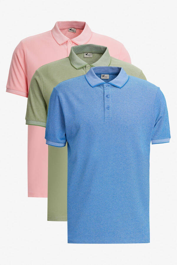 Erkek Yeşil-açık Pembe-saks 3'lü Çekmeyen Pamuklu Slim Fit Kıvrılmaz Polo Yaka Tişört-YESIL - 1