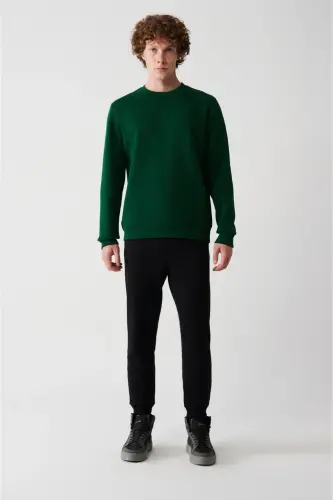 Erkek Yeşil Bisiklet Yaka 3 Iplik Şardonlu Pamuklu Sweatshirt E001017-Yeşil - 5