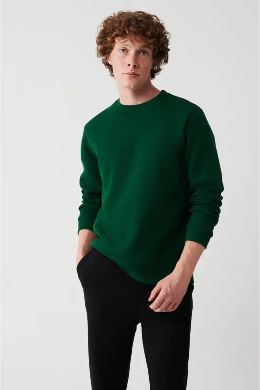 Erkek Yeşil Bisiklet Yaka 3 Iplik Şardonlu Pamuklu Sweatshirt E001017-Yeşil - 1