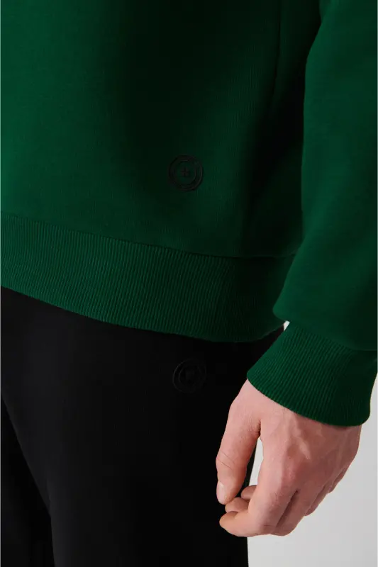 Erkek Yeşil Bisiklet Yaka 3 Iplik Şardonlu Pamuklu Sweatshirt E001017-Yeşil - 2