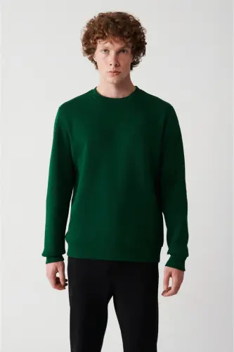 Erkek Yeşil Bisiklet Yaka 3 Iplik Şardonlu Pamuklu Sweatshirt E001017-Yeşil - 3