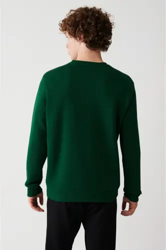 Erkek Yeşil Bisiklet Yaka 3 Iplik Şardonlu Pamuklu Sweatshirt E001017-Yeşil - 4