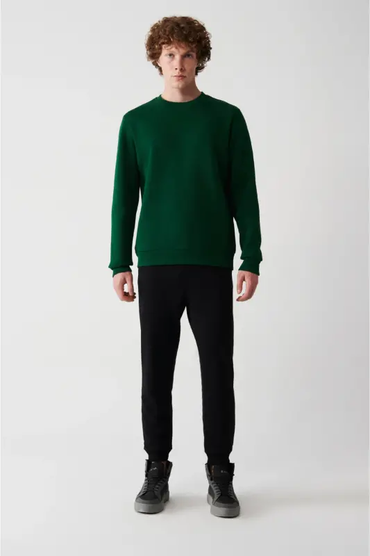 Erkek Yeşil Bisiklet Yaka 3 Iplik Şardonlu Pamuklu Sweatshirt E001017-Yeşil - 5