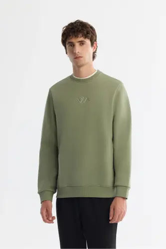 Erkek Yeşil Bisiklet Yaka Pamuklu Şardonlu Baskılı Regular Fit Sweatshirt B001033-Yeşil - 1