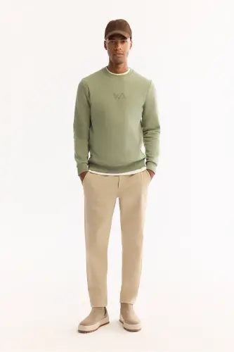 Erkek Yeşil Bisiklet Yaka Pamuklu Şardonlu Baskılı Regular Fit Sweatshirt B001033-Yeşil - 6