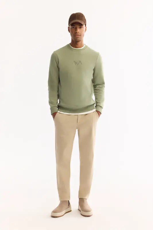 Erkek Yeşil Bisiklet Yaka Pamuklu Şardonlu Baskılı Regular Fit Sweatshirt B001033-Yeşil - 6