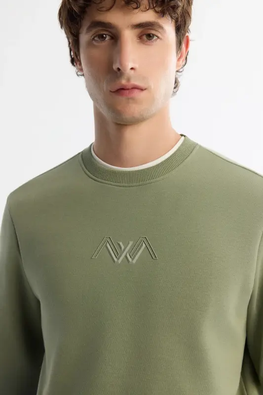Erkek Yeşil Bisiklet Yaka Pamuklu Şardonlu Baskılı Regular Fit Sweatshirt B001033 - Yeşil - 2