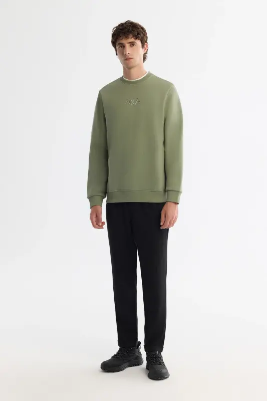 Erkek Yeşil Bisiklet Yaka Pamuklu Şardonlu Baskılı Regular Fit Sweatshirt B001033 - Yeşil - 5