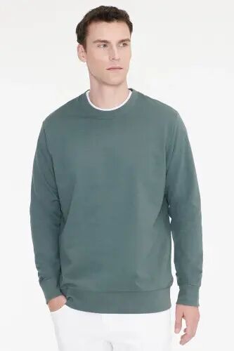 Erkek Yeşil Pamuklu Standart Fit Normal Kesim 2 İplik Bisiklet Yaka Sweatshirt - Yeşil - 1