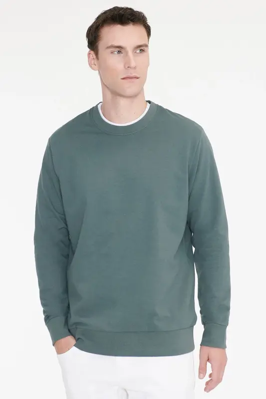 Erkek Yeşil Pamuklu Standart Fit Normal Kesim 2 İplik Bisiklet Yaka Sweatshirt - Yeşil - 1