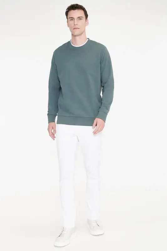 Erkek Yeşil Pamuklu Standart Fit Normal Kesim 2 İplik Bisiklet Yaka Sweatshirt - Yeşil - 2