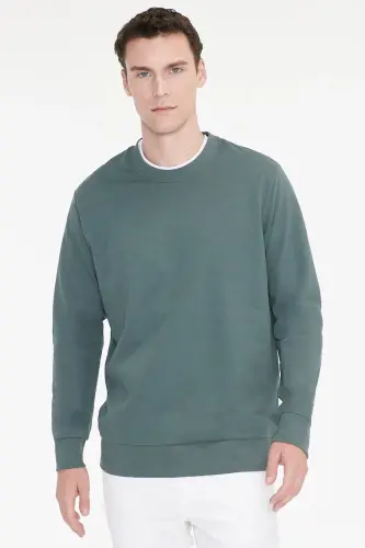 Erkek Yeşil Pamuklu Standart Fit Normal Kesim 2 İplik Bisiklet Yaka Sweatshirt - Yeşil - 3