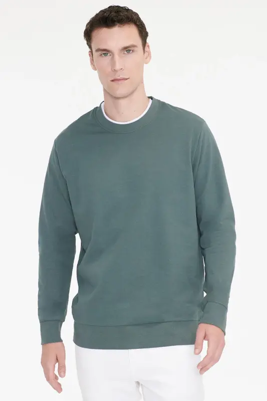 Erkek Yeşil Pamuklu Standart Fit Normal Kesim 2 İplik Bisiklet Yaka Sweatshirt - Yeşil - 3