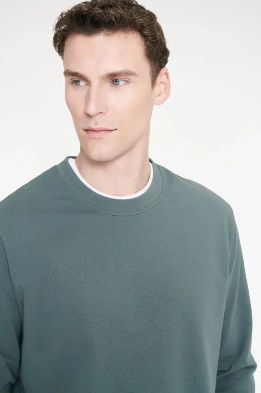 Erkek Yeşil Pamuklu Standart Fit Normal Kesim 2 İplik Bisiklet Yaka Sweatshirt - Yeşil - 4