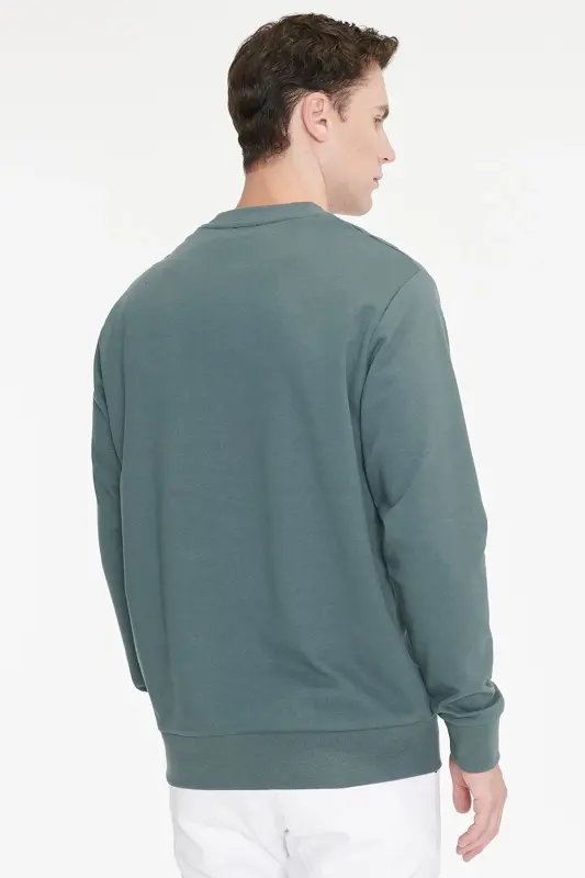 Erkek Yeşil Pamuklu Standart Fit Normal Kesim 2 İplik Bisiklet Yaka Sweatshirt - Yeşil - 5