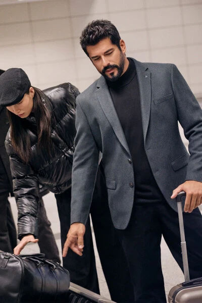 Erkek Yeşil Slim Fit Dar Kesim Mono Yaka Desenli Yünlü Blazer Ceket-Yeşil - 2