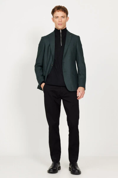Erkek Yeşil Slim Fit Dar Kesim Mono Yaka Desenli Yünlü Blazer Ceket-Yeşil - 6