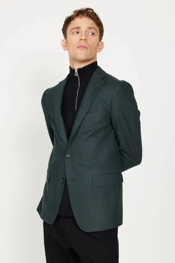Erkek Yeşil Slim Fit Dar Kesim Mono Yaka Desenli Yünlü Blazer Ceket-Yeşil - 8