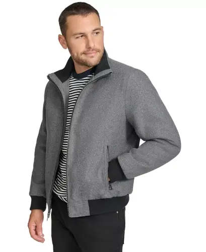 Men's Wool Bomber Jacket With Knit Trim - Charcoal - 3