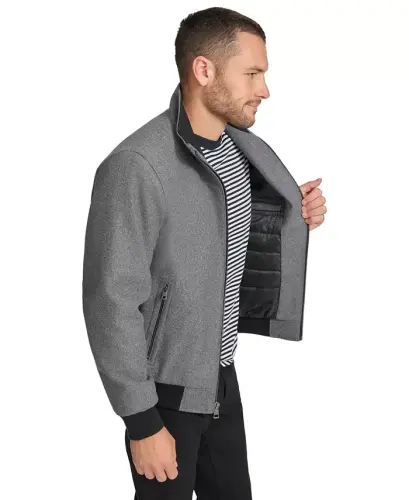 Men's Wool Bomber Jacket With Knit Trim - Charcoal - 4