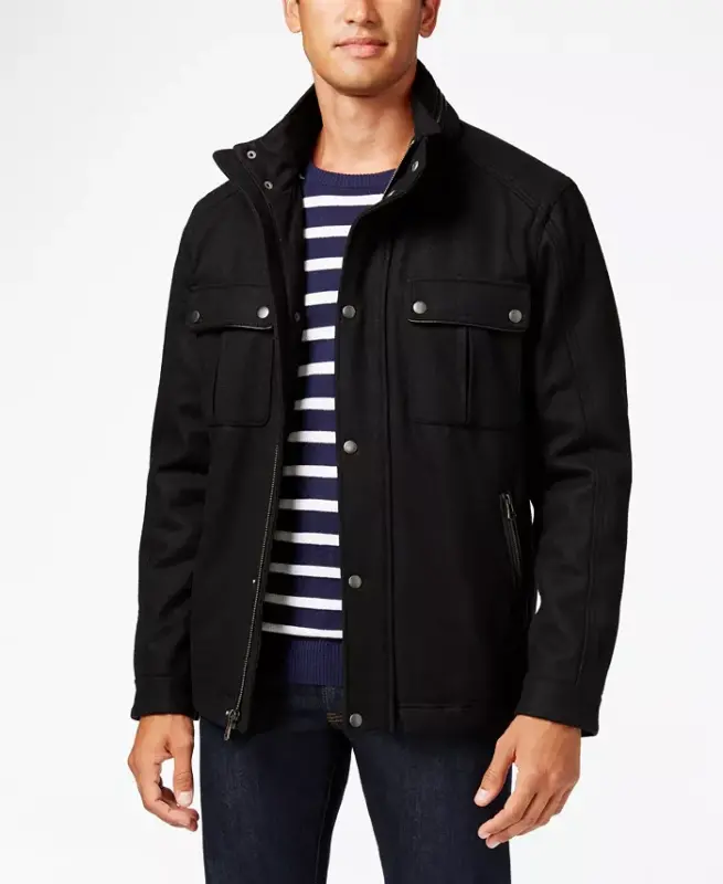 Men's Wool Melton Trucker with Faux Leather Trim - Black - 1