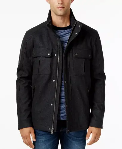 Men's Wool Melton Trucker with Faux Leather Trim - Navy 