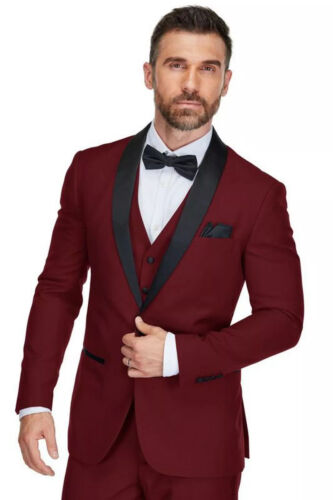 Men's 3-Piece Slim Fit Shawl Lapel Tuxedo - Burgundy - GINO VITALE (1)