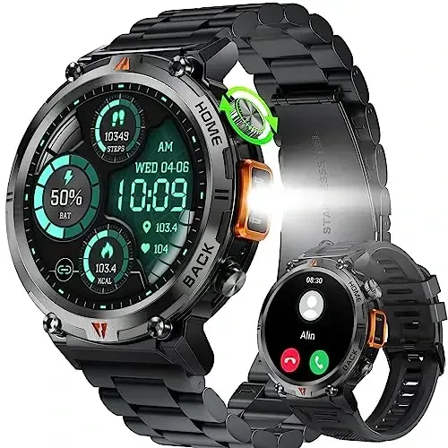 Military Smart Watch for Men (Call Receive/Dial) with LED Flashlight, 1.45