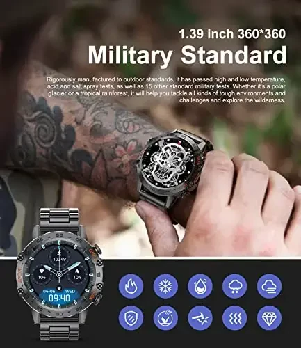 Military Smart Watch for Men(Answer/Dial Calls),1.39''HD Touchscreen,100 Sports Modes, 5ATM Waterproof Fitness Watch,with Blood Pressure/Heart Rate/SpO2 for Android/iOS Military Smart Watch Black - 2