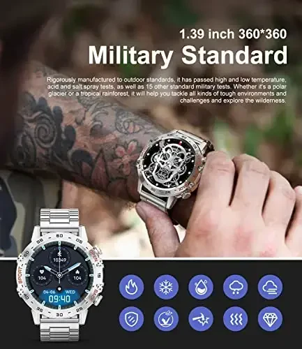 Military Smart Watch for Men(Answer/Dial Calls),1.39''HD Touchscreen,5ATM Waterproof Fitness Watch,100 Sports Modes, with Heart Rate/SpO2 for Android/iOS Smart Watch Silver - SUNKTA (1)