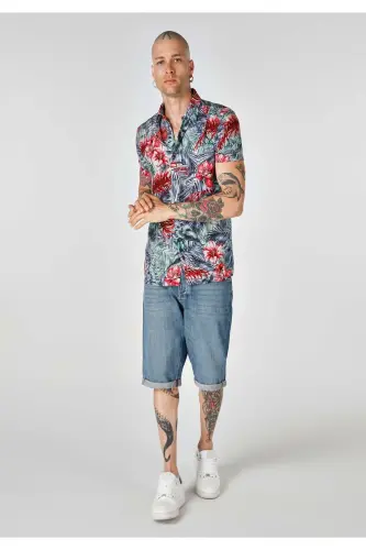 Regular Fit Shirt Neck Baskılı Erkek Çok Renkli Cepsiz Kısa Kol Gömlek - 1