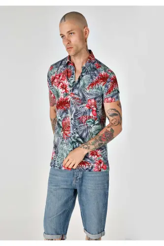 Regular Fit Shirt Neck Baskılı Erkek Çok Renkli Cepsiz Kısa Kol Gömlek - ÇOK RENKLİ - 3
