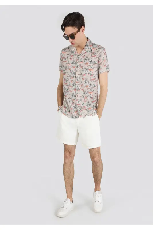 Regular Fit Shirt Neck Baskılı Erkek Bej Pamuklu Kısa Kol Gömlek - SARI - 4