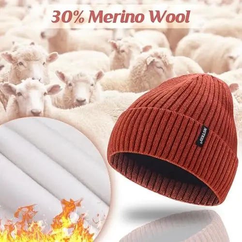Beanie Hats for Men 30% Merino Wool Knit Hat, Winter Hats for Women Thick Warm Lined, Beanie for Women Cold Weather Skull Cap - 4