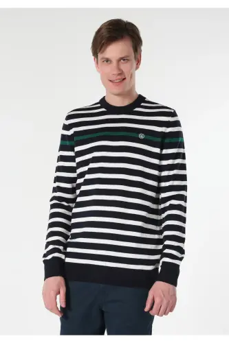 Regular Fit Bisiklet Yaka Çizgili Lacivert Erkek Kazak - LACİVERT - 4