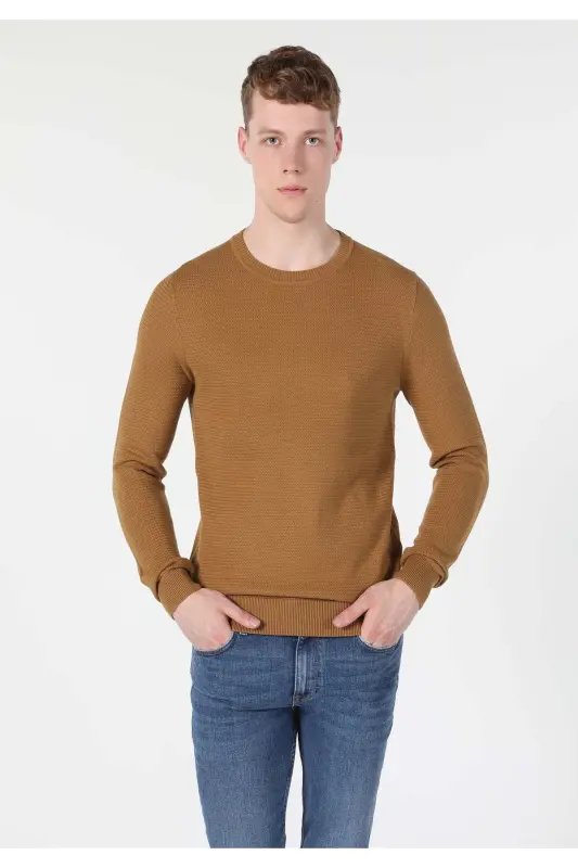 Regular Fit Yuvarlak Yaka Jakarlı Erkek Kahverengi Kazak - 3